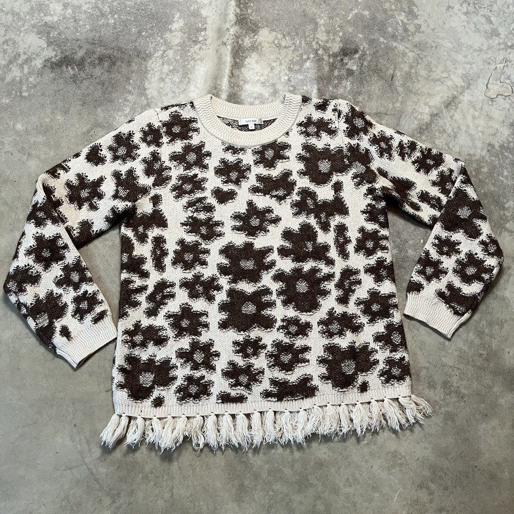 Tyler Boe Mohair Blend Floral Teddy Bear Fringe Sweater Women's Medium